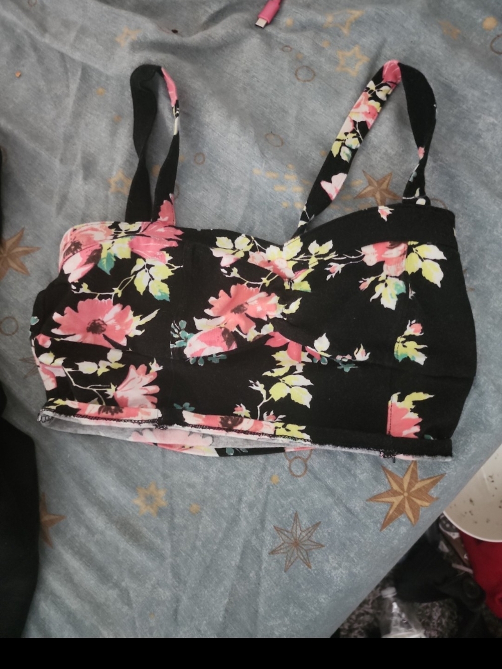 Mudd Black Floral Crop Cami with Pink and Cream Blossoms